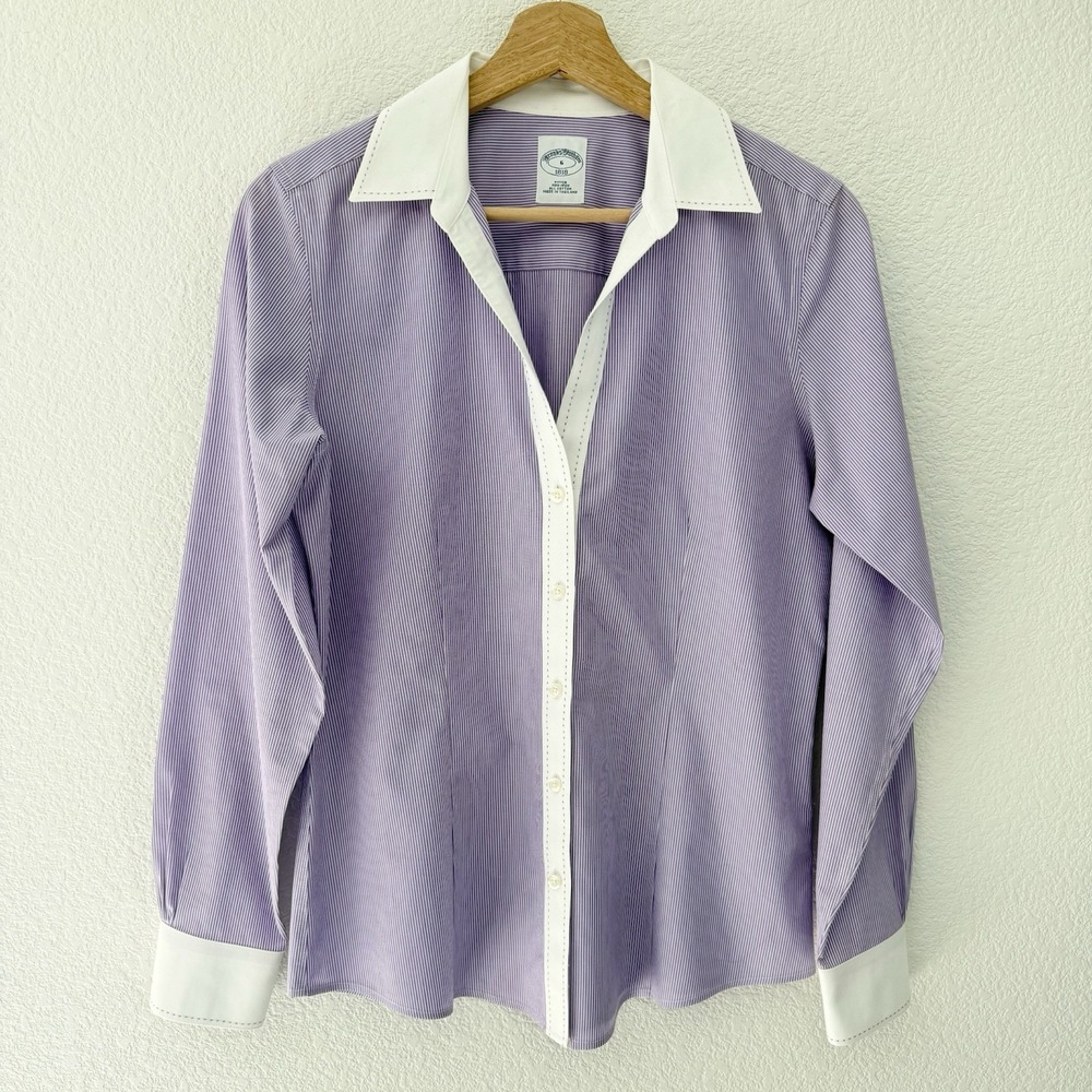 Brooks Brothers Womens Fitted Button Pinstriped Shirt 6 Purple Cotton 1818